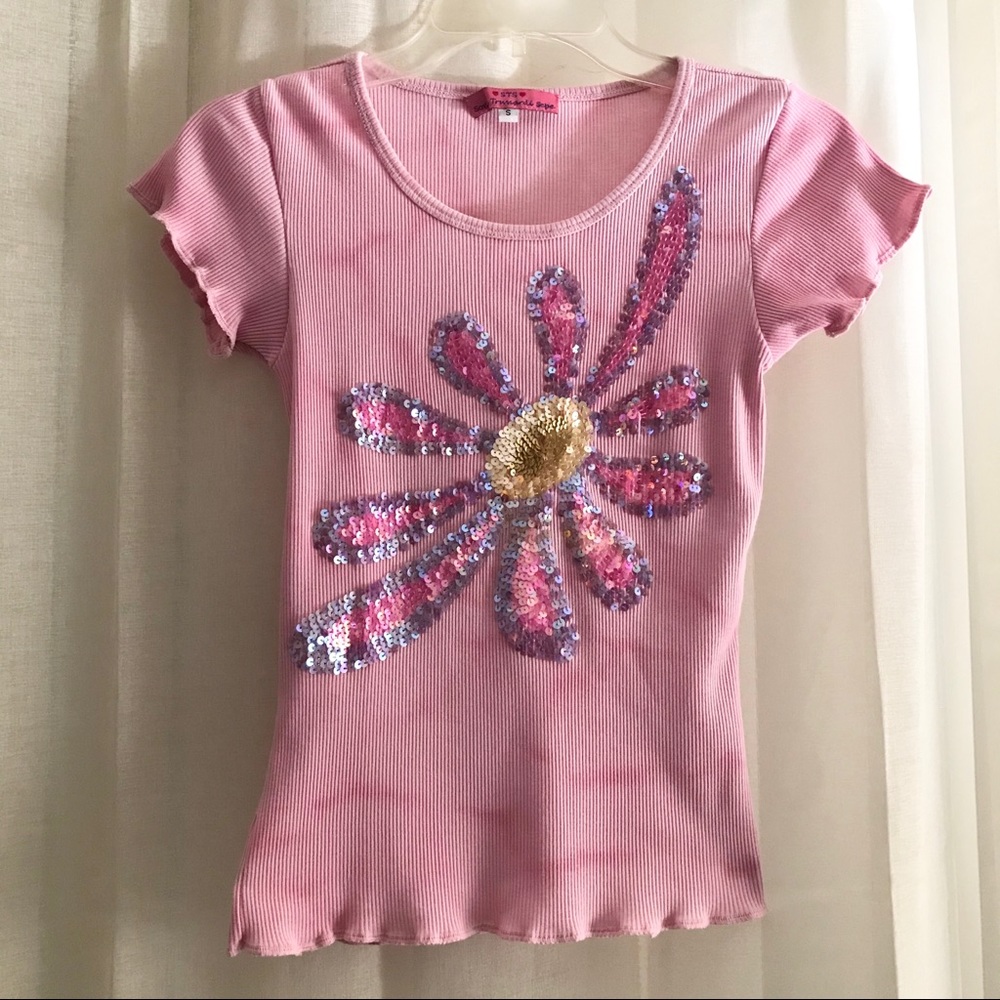 💰4/$25 Pink Short Sleeve Tie-dyed Sequin T-Shirt